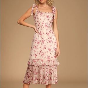 LULUS Terrace Views Taupe Tiered Midi Dress! Size SMALL